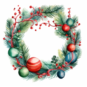 pine wreath with Christmas toys in a watercolor anime style on a white background