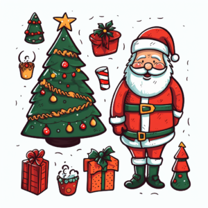 cute cartoon line art retro christmas comic halftone knolling christmas isolated on white