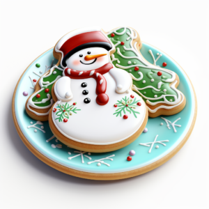 Cute cartoon style 3D frosted Christmas cookie on a Christmas plate on a white background