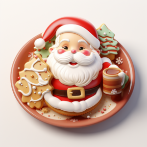 Cute cartoon style 3D frosted Christmas cookie on a Christmas plate on a white background
