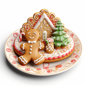 Cute cartoon style 3D frosted Christmas cookie on a Christmas plate on a white background
