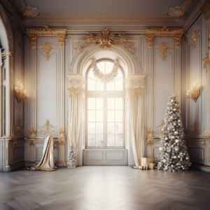 **fine art portrait backdrop. Christmas season. elegant open room setting with Christmas decorations in gold, silver and crystal. the light source is coming in from the left side of the image. ** - <@1113887193132454020> (fast)