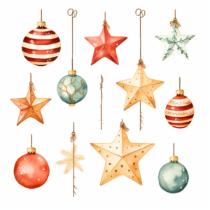 9 Christmas decorations with soft watercolor paint,santa Christmas,Christmas tree,Christmas lights,Christmas gift,Christmas star,Christmas candy, white background,illustration,cartoon,minimal,clipart
