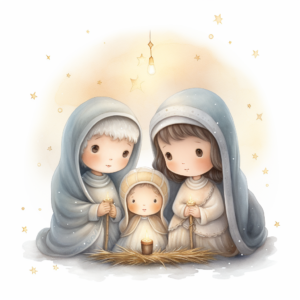 A watercolor painting of a cute nativity with Mary and Joseph, Christmas, cute detailed digital art, inspired by nicoletta ceccoli, by Kubisi art, whimsical and cute, by nicoletta ceccoli, cute detailed artwork, glimmering, adorable and whimsical, whimsical art, Clipart style, png style, svg style, blank white background, a solid white background