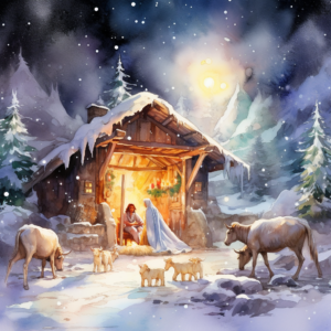 totally nativity scene Christmas in the background a super bright-lit Christmas house photo real watercolor