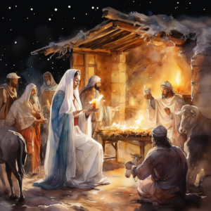 totally nativity scene in the background a super bright-lit photo real watercolor