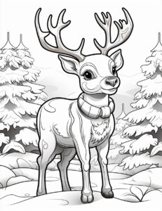 coloring pages for kids, christmas reindeer, cartoon style, thick lines, low detail, black and white, no shading