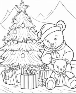 teddy bears and christmas tree coloring book, thick lines, few details, no color