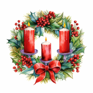 watercolor Christmas wreath adorned with christmas candles clipart, vibrant colors, on a white background