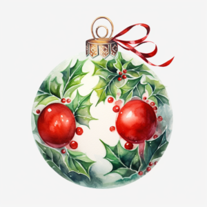 Watercolor Christmas Decorative light ball Holly leaves White background
