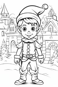 black and white coloring page for kids, cartoon style, santa's elf, vector line art, detailed, black lines only