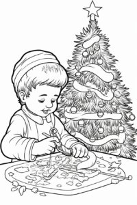 black and white coloring page for kids, cartoon style, chopping down a Christmas tree, vector line art, detailed, black lines only