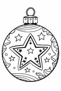 black and white coloring page for kids, cartoon style, christmas tree ornament, vector line art, detailed, black lines only