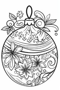 black and white coloring page for kids, cartoon style, christmas tree ornament, vector line art, detailed, black lines only