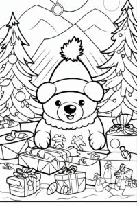 black and white coloring page for kids, cartoon style, christmas hamsters in a present, vector line art, detailed, black lines only
