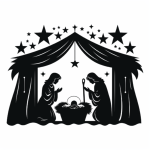 nativity clip art silhouette of two angels praying to baby jesus in the crib, simple, minimalist, flat vector, doodle style, white background, 100% black fill, black and white, no noise, clean lines, outline art