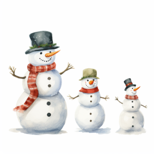 2000px, multiple Christmas snowman in different size, water color and realistic style, realistic details, no outline and no shadow, in white background