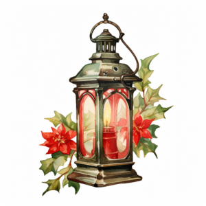 Vintage Christmas lantern,watercolor, Chromolithograph, Die Cut, 1920s Illustration, Vintage, Colorful, Antique, Ephemera, Clipart, 8k, Isolated on white background