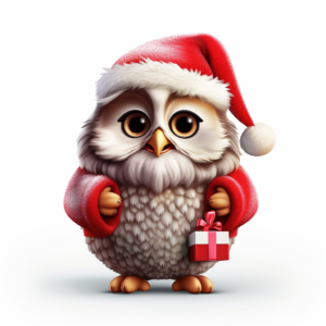 Logo, white background, owl, smile, cute, magical, disney, santa claus, snow, holiday, gifts, christmas tree, Looks at me, without text, no text, shot with canon, realistic , ultra detailed, 8k
