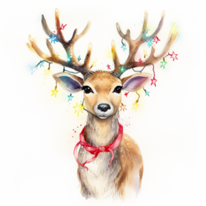 cute vintage cartoon illustration of a christmas reindeer with brightly coloured christmas lights wrapped over and around antlers on a white background