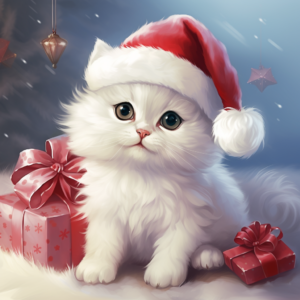 illustration, childrens book,A white kitten with fluffy fur is smiling on Christmas morning wearing a Santa Claus hat.