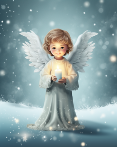 little white christmas angel with a candle in his hands, background with snowflakes, t-shirt design, copy space