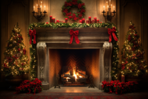 **a large traditional American fireplace decorated for Christmas