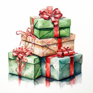 skillfully wrapped christmas presents using the traditional red-green palatte watercolour