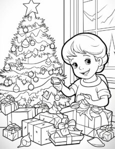 Christmas colouring page Black and white, no shading, very thick line art, cartoon style for a children's Christmas colouring book.