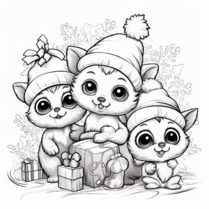christmas coloring book, cute animals and elves having christmas fun, no detail, no color, thick lines ar 9:11