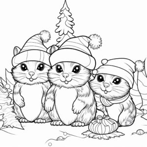 christmas coloring book, cute animals having christmas fun, no detail, no color, thick lines ar 9:11