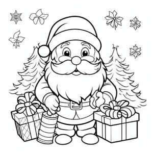 coloring book page: christmas themed coloring book page for kids, thin black lines white background –no book, logo, page, letters, words, markers, flowers, animals –no black background