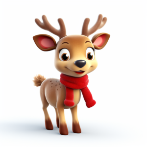 3d cute Christmas reindeer. Illustration of Christmas deer with red muffler on white background, very detailed