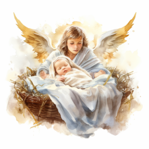 newborn jesus lying in a manger with angels flying over, Watercolor clipart