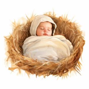 A watercolor illustration of baby jesus in the basinet made of hay straw in nativity scene, high detail, isolated on white background