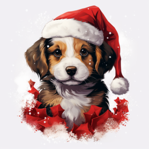 a puppy with a santa hat, snowflakes, t shirt design