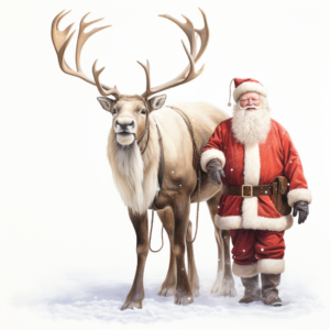 reindeer next to Santa , christmas , full body, airbrush art, realistic drawing, realistic, white background