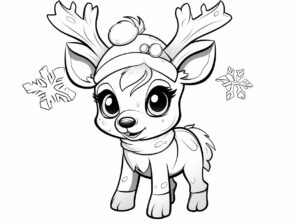 cute reindeer with christmas ornaments on the head coloring pages with snowflakes, in the style of plush doll art, comic book-influenced, thermal camera, collaborative, free-associative