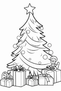 simple, cartoon style, A Charlie Brown style Christmas Tree and presents, kids coloring book, black and white