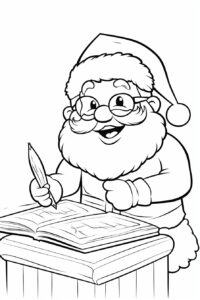 simple, cartoon style, Santa checking his list, kids coloring book, black and white