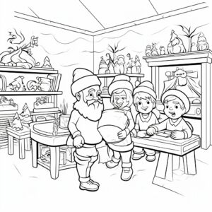 simple, cartoon style, santa's workshop, kids coloring book, black and white, ar 2:3