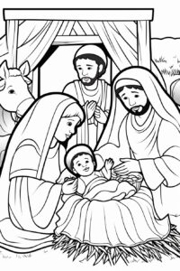 simple, cartoon style, the Nativity scene, kids coloring book, black and white