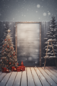mockup of an empty, blank poster sitting on a black easel, white walls in the backround with twinkling fairy lights in the backround, rustic wooden fence is behind the sign::1