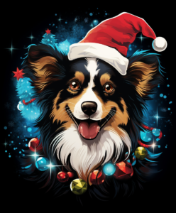 a Papillon dog wearing Christmas hat, surrounded by Christmas lights and ornaments, Christmas trees, heavy snowfall at night, humor face, comic style, vector, intricate, vivid colors, border, tshirt design printing