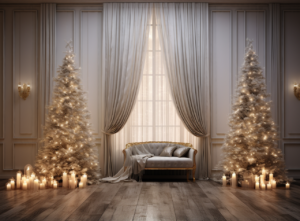 a cozy room with two christmas trees in the corner and three candle lights, in the style of texture-rich, rtx on, light gold and silver, elaborate, studio lighting, installation-based, delicate