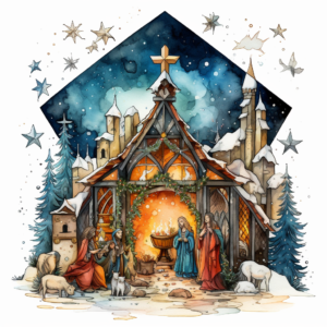 Watercolor ink and pen illustration of a Christian Christmas
