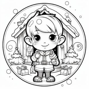 create cute colouring pages of christmas elves in a christmas house, in black and white lines, in a cute kawaii style, in a circle style