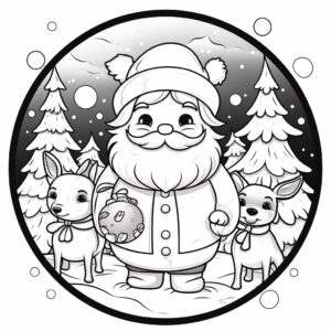create cute colouring pages of father christmas, reindeer and snowmen in a snowy scene, in a cute kawaii style, in black and white lines, in a circle style