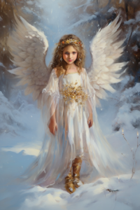 Fantasy, a beautiful childlike Christmas angel with glittering wings in a snowy landscape, oil painting,