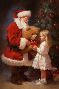 Santa Claus gives a child a large teddy bear for Christmas in the living room, oil painting,